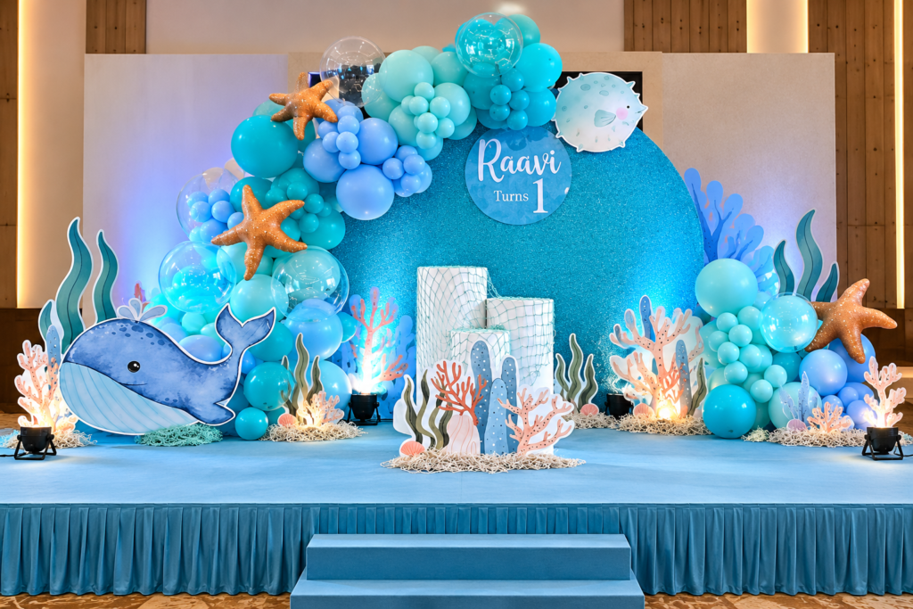 Happy Birthday Marine Theme Decoration with Ocean Blue Balloons, Underwater Backdrop, Colorful Fish and Sea Creature Decorations